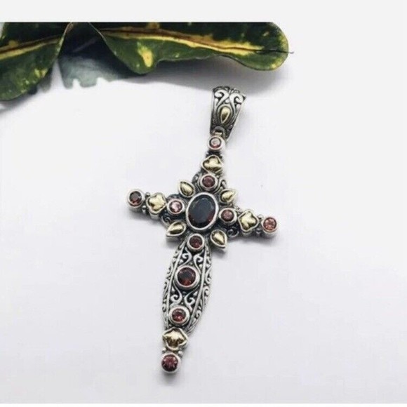 Samual Benham 18k Sterling Silver Garnet Cross Pendant - Picture 5 of 8